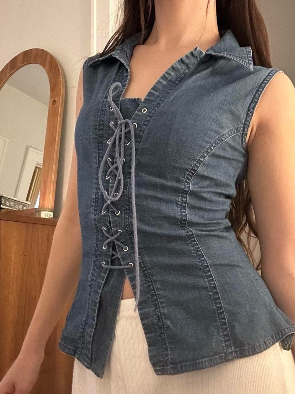 Vintage corset lace up top denim shirt